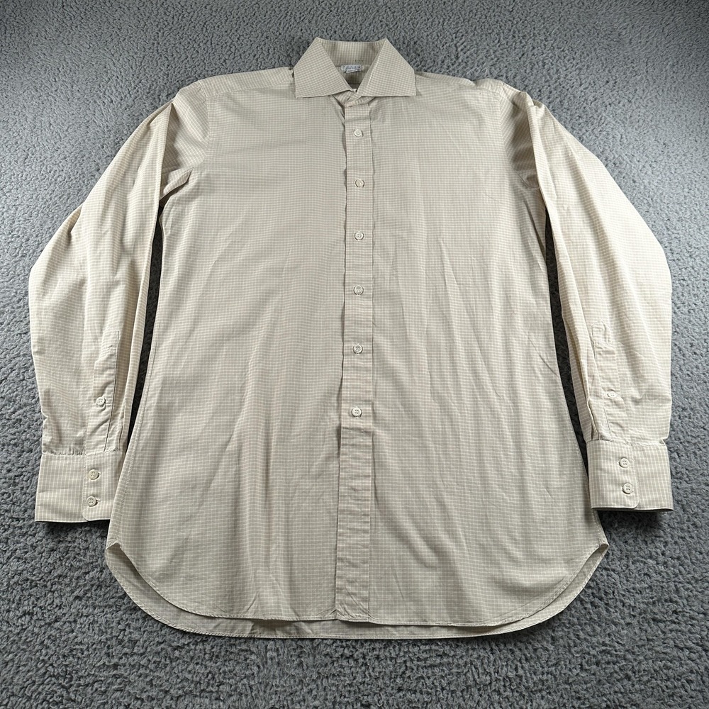 Vintage Sulka Shirt‎ Mens 16 Beige Check Long Sleeve Dress Spread Collar 90s